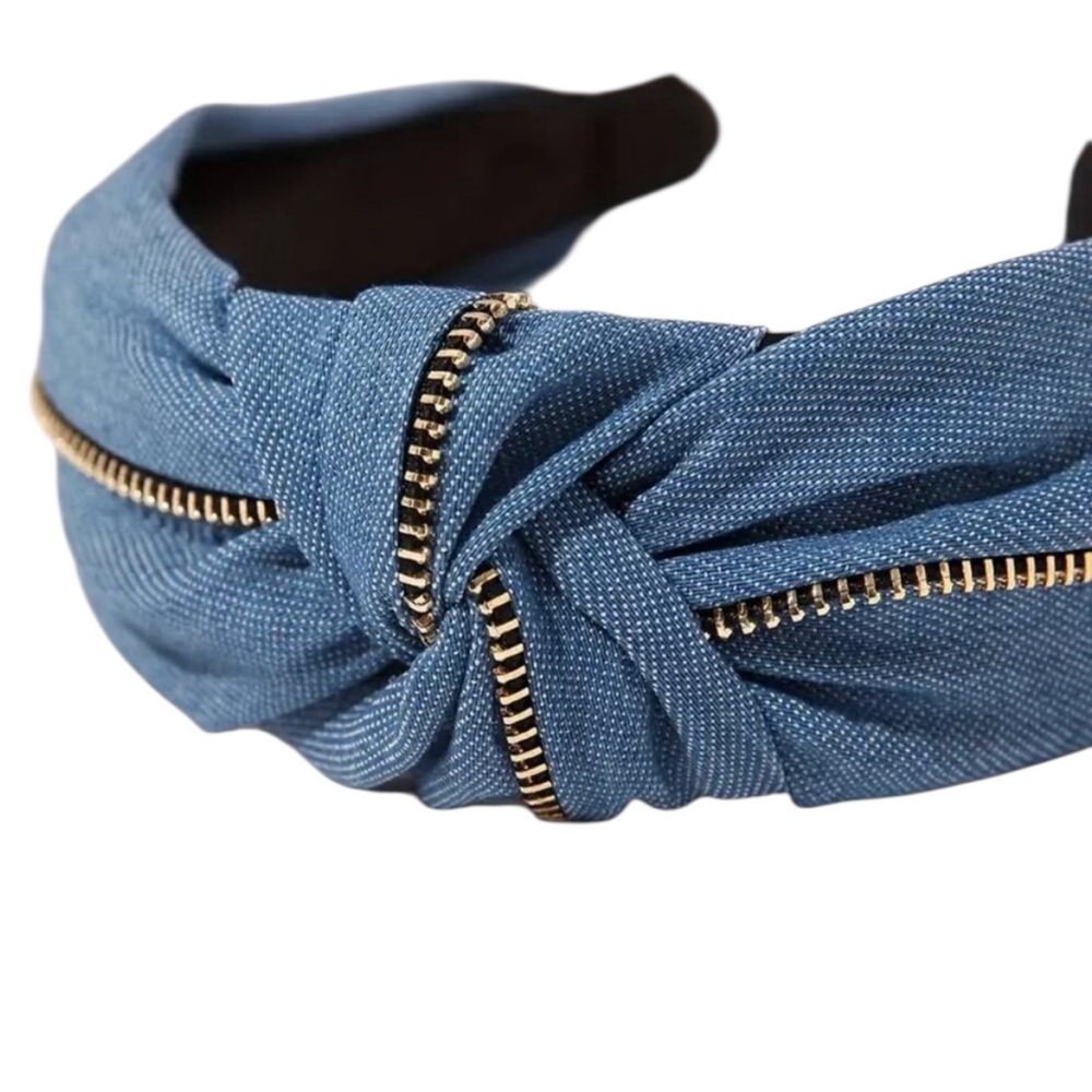 Denim Zipper Accented Knotted Headband